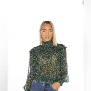 Free People Roma green floral smocked blouse high neck spring boho indie ruffle